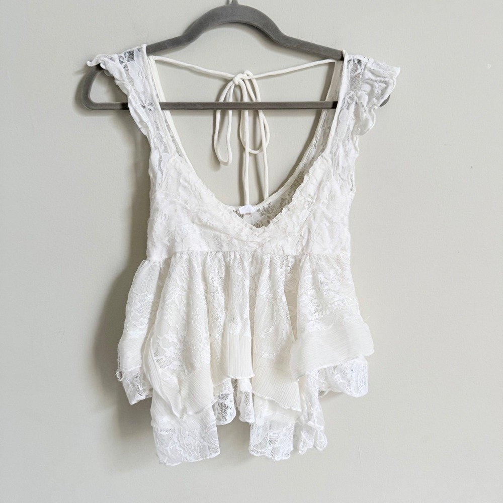 Kimchi Blue Anthropologie White Floral Lace Babydoll Peplum Ruffle Tie Back Top